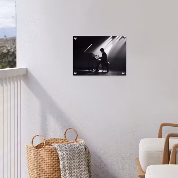 Persoon - Piano - Muziek - Zwart-wit - Podium tuinposter los doek klein -sfeer8