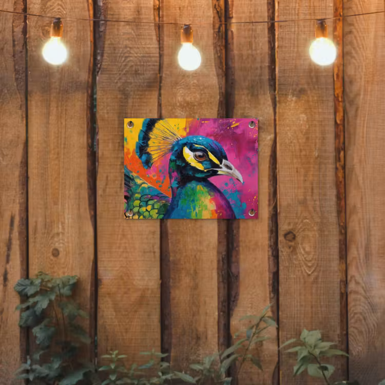 Pauw - Veren - Verfspatten - Paars tuinposter los doek klein -sfeer1