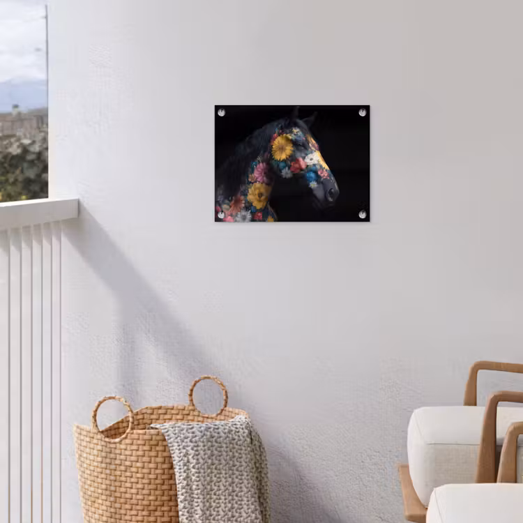 Paard - Bloemen - Zwart tuinposter los doek klein -sfeer8