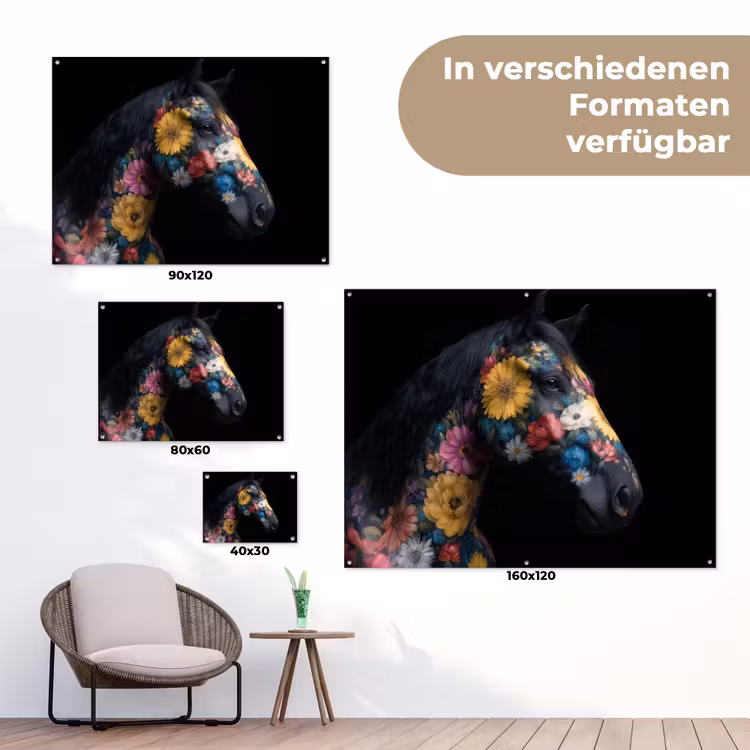 Paard - Bloemen - Zwart tuinposter los doek klein -Xsfeer9_DE