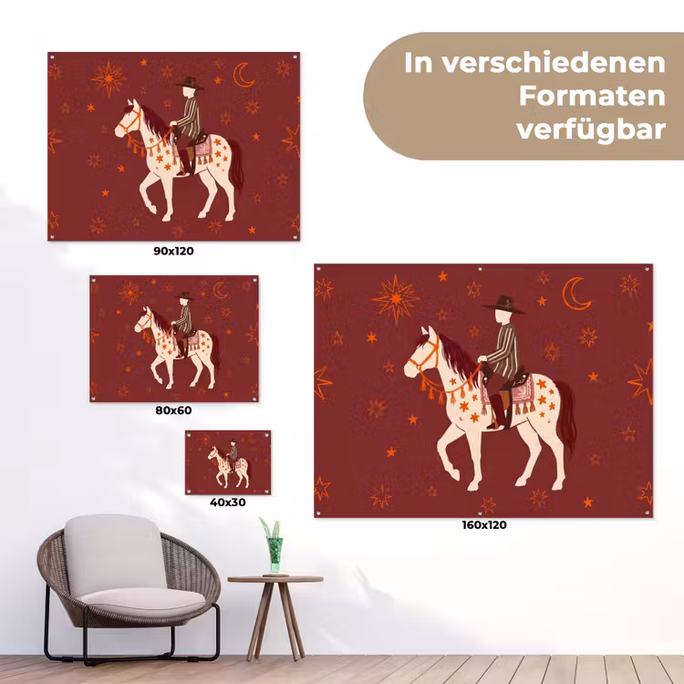 Paard - Ruiter - Sterren - Nacht - Illustratie tuinposter los doek klein -Xsfeer9_DE