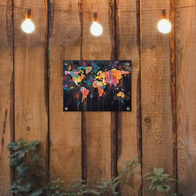 Penseelstreken - Artistiek - Wereldkaart - Kleurrijk tuinposter los doek klein -sfeer1
