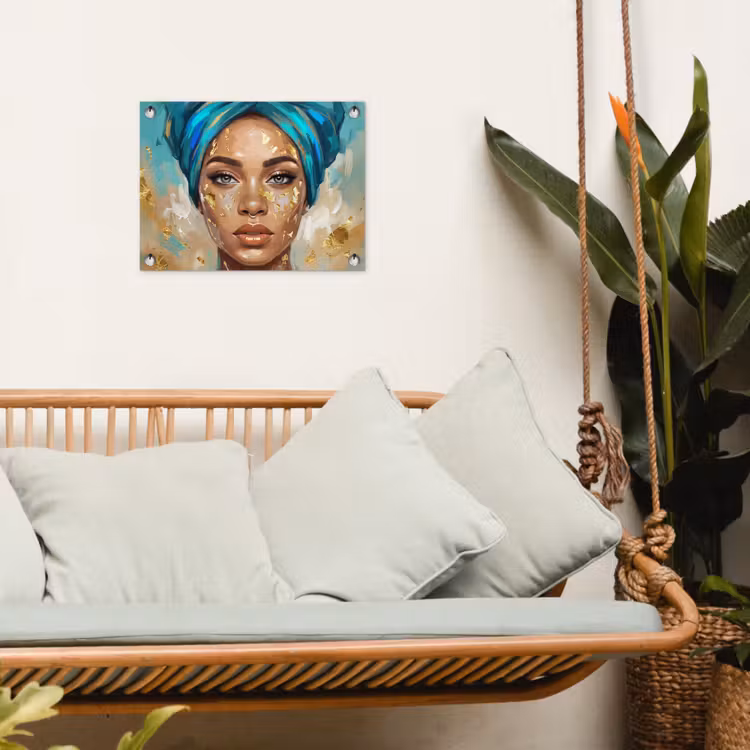Portret - Vrouw - Schilderij - Blauw - Goud - Expressief tuinposter los doek klein -sfeer7