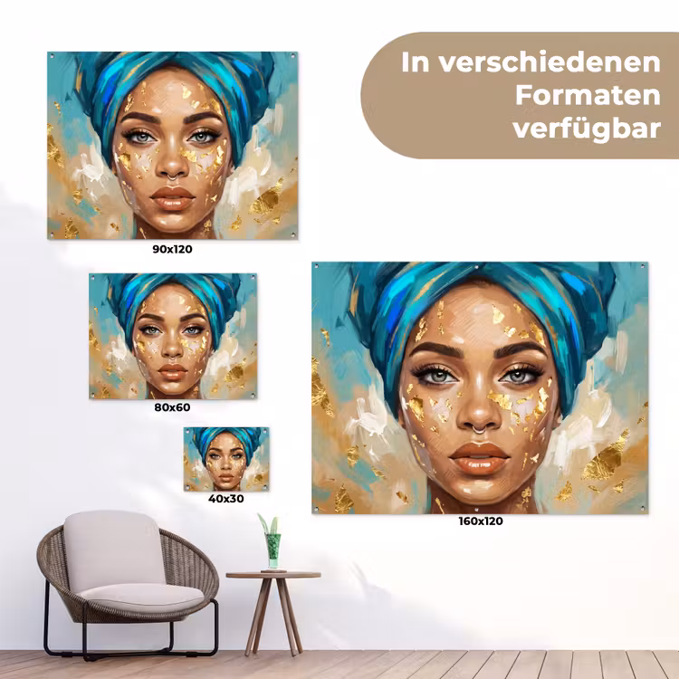 Portret - Vrouw - Schilderij - Blauw - Goud - Expressief tuinposter los doek klein -Xsfeer9_DE