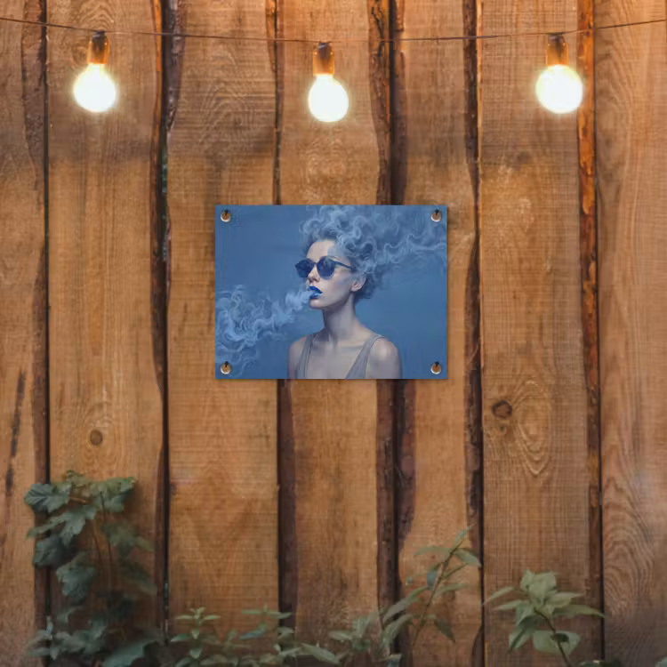 Portret - Zonnebril - Rook - Abstract - Blauw tuinposter los doek klein -sfeer1