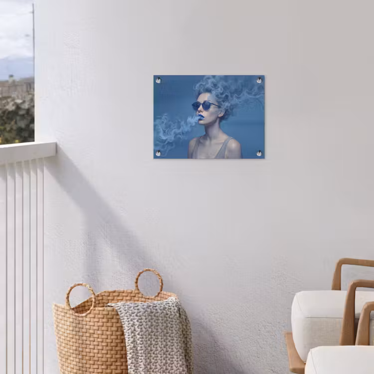 Portret - Zonnebril - Rook - Abstract - Blauw tuinposter los doek klein -sfeer8