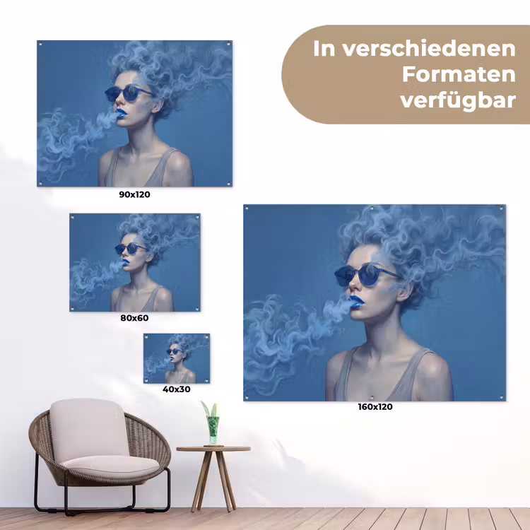 Portret - Zonnebril - Rook - Abstract - Blauw tuinposter los doek klein -Xsfeer9_DE