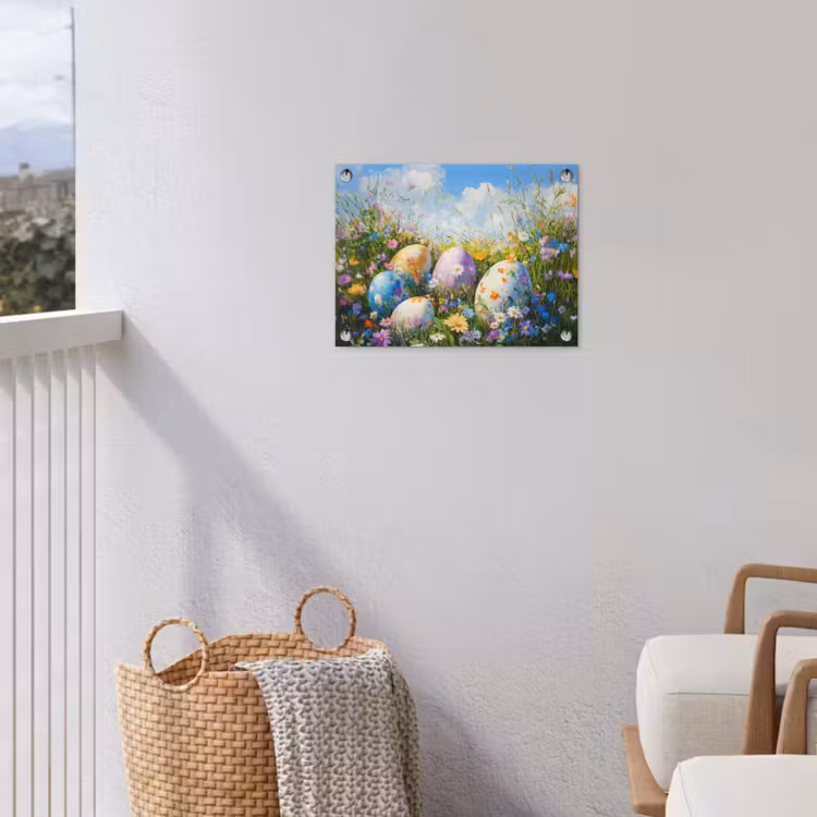 Grasveld - Eieren - Bloemen tuinposter los doek klein -sfeer8
