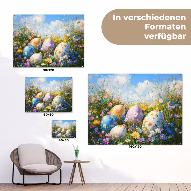 Grasveld - Eieren - Bloemen tuinposter los doek klein -Xsfeer9_DE