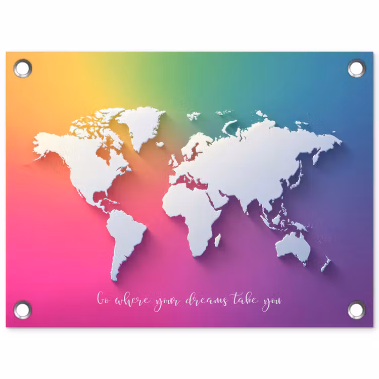 Regenboog - Quote - Wereldkaart - Dream tuinposter los doek klein -3d