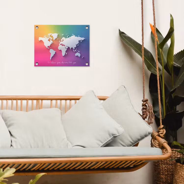 Regenboog - Quote - Wereldkaart - Dream tuinposter los doek klein -sfeer7