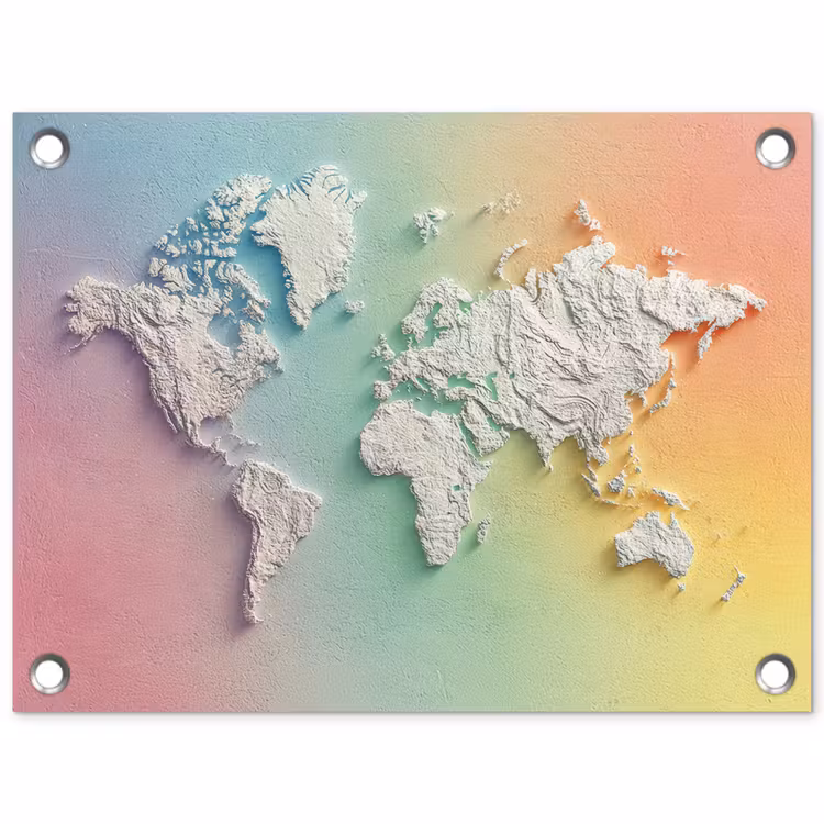 Regenboogkleuren - Wereldkaart - Zacht - Continenten tuinposter los doek klein -3d