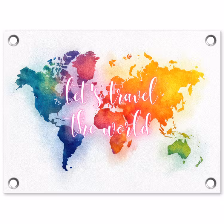 Travel - Quote - Regenboog - Wereldkaart tuinposter los doek klein -3d