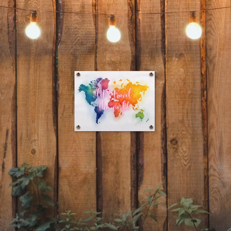 Travel - Quote - Regenboog - Wereldkaart tuinposter los doek klein -sfeer1