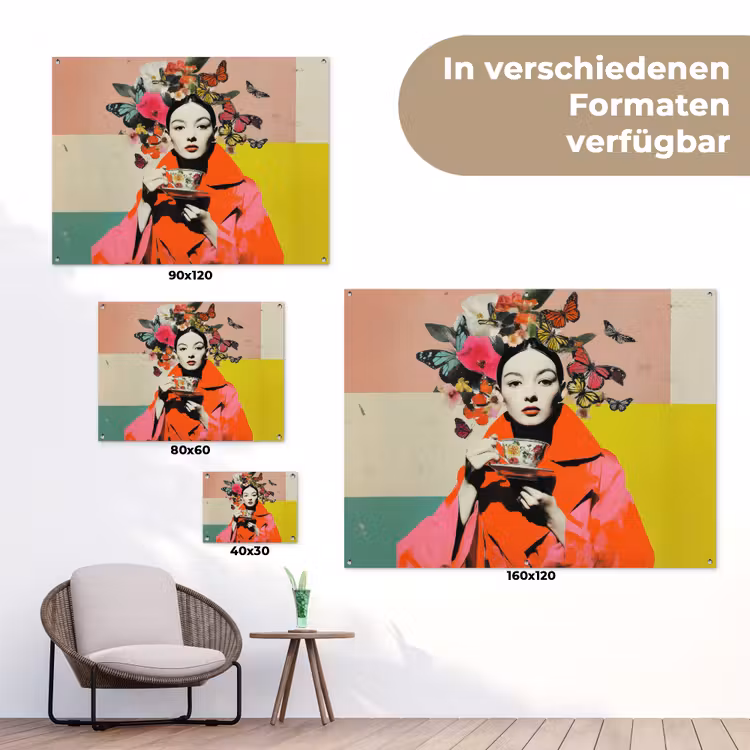Retro - Vrouw - Kopje - Vlinders tuinposter los doek klein -Xsfeer9_DE