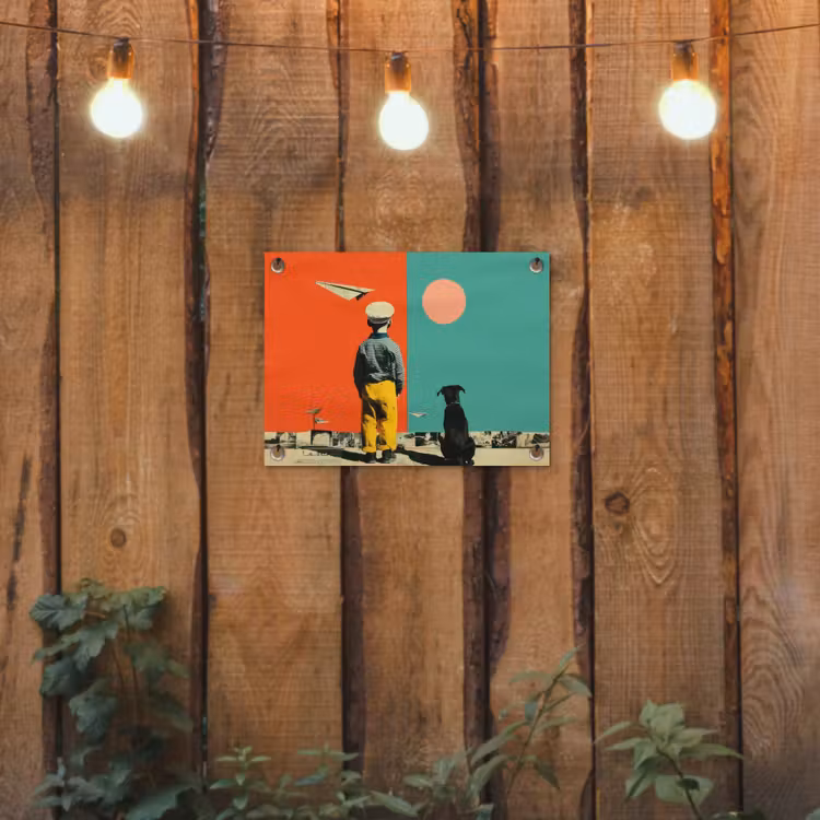 Retro - Jongen - Hond - Rood - Groen tuinposter los doek klein -sfeer1
