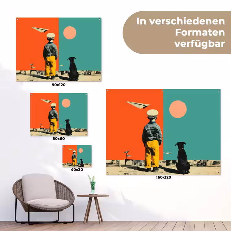Retro - Jongen - Hond - Rood - Groen tuinposter los doek klein -Xsfeer9_DE
