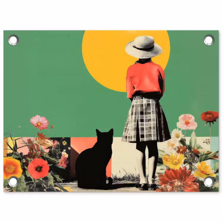Retro - Meisje - Kat - Zon tuinposter los doek klein -3d