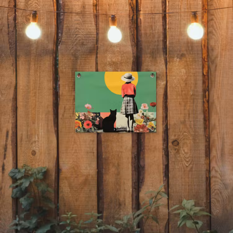 Retro - Meisje - Kat - Zon tuinposter los doek klein -sfeer1