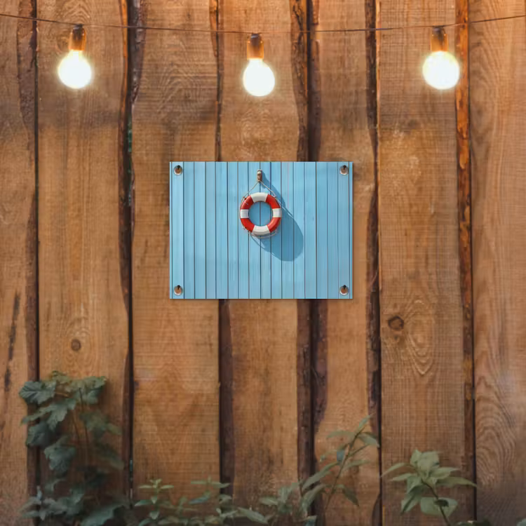 Reddingsboei - Houten wand - Blauw tuinposter los doek klein -sfeer1