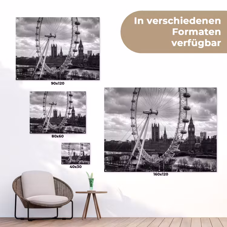 Reuzenrad - Klokkentoren - Architectuur - Zwart-wit - Stad tuinposter los doek klein -Xsfeer9_DE