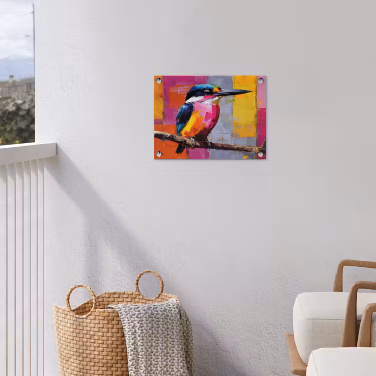 Roze - Ijsvogel - Tak - Kleurvlakken tuinposter los doek klein -sfeer8