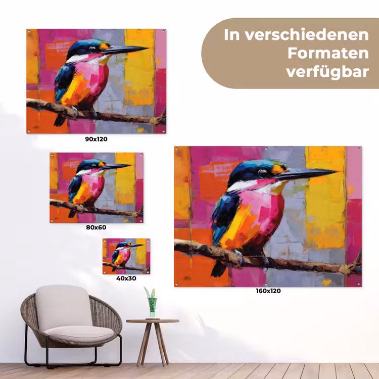 Roze - Ijsvogel - Tak - Kleurvlakken tuinposter los doek klein -Xsfeer9_DE