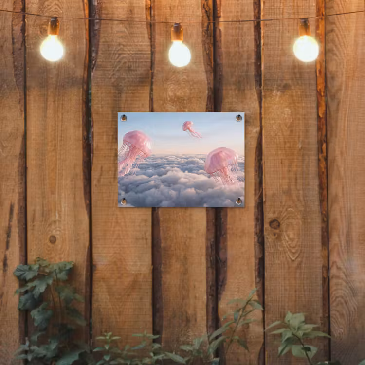 Gartenposter - Rosa Tier – Wolken - Roze dier - Wolken tuinposter los doek klein