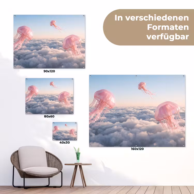 Gartenposter - Rosa Tier – Wolken - Roze dier - Wolken tuinposter los doek klein