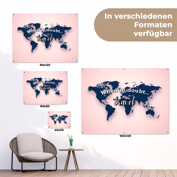 Roze - Quote - Wereldkaart - Travel tuinposter los doek klein -Xsfeer9_DE