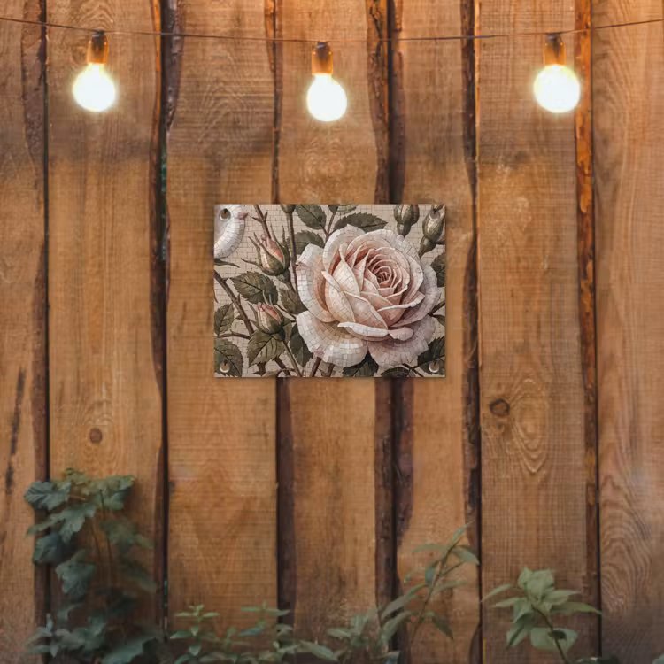 Roos - Mozaïek - Bloemen - Klassiek - Beige tuinposter los doek klein -sfeer1