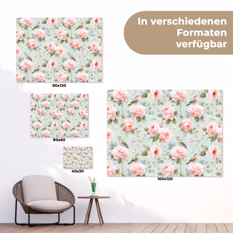 Rozen - Vogels - Pastel - Kleurrijk tuinposter los doek klein 239 -Xsfeer9_DE