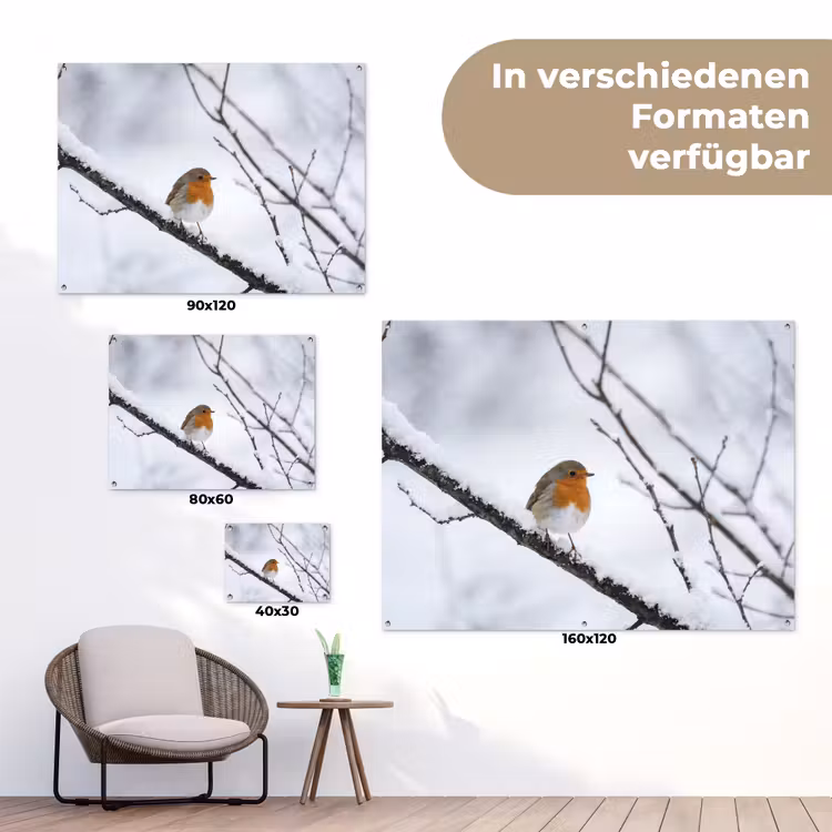 Roodborstje - Tak - Sneeuw - Winter - Levendig tuinposter los doek klein -Xsfeer9_DE