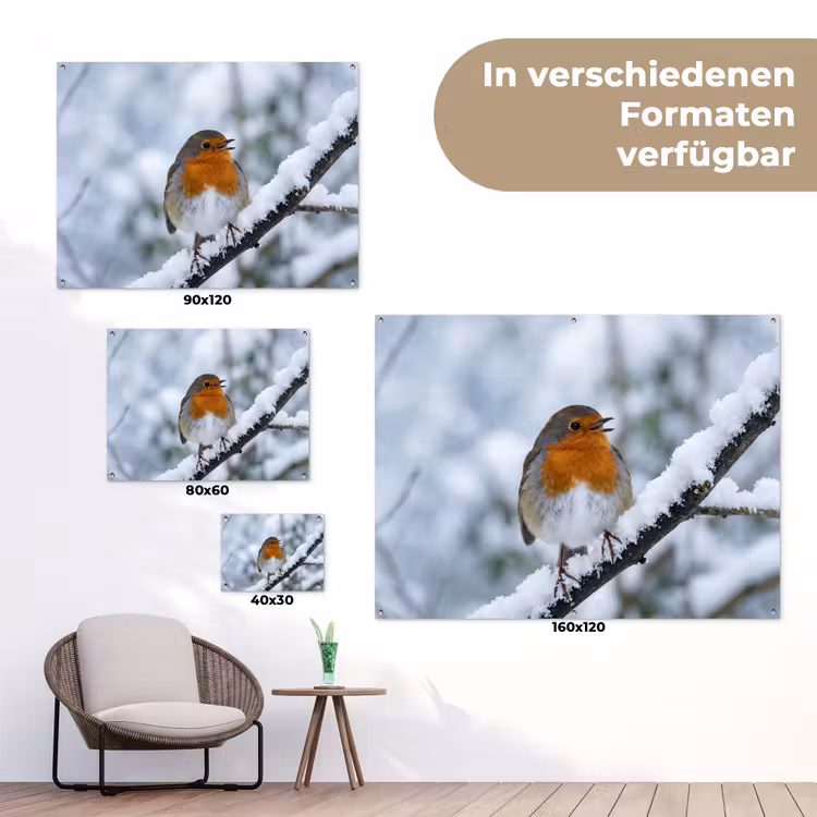 Roodborstje - Tak - Sneeuw - Winter - Levendig tuinposter los doek klein -Xsfeer9_DE