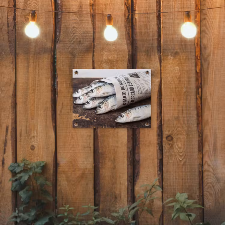 Gartenposter - Sardine – Zeitung – Schneidebrett - Sardientje - krant - snijplank tuinposter los doek klein