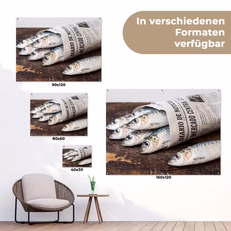 Gartenposter - Sardine – Zeitung – Schneidebrett - Sardientje - krant - snijplank tuinposter los doek klein
