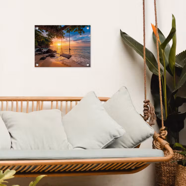 Schommel - Strand - Zonsondergang - Natuur - Oranje tuinposter los doek klein -sfeer7