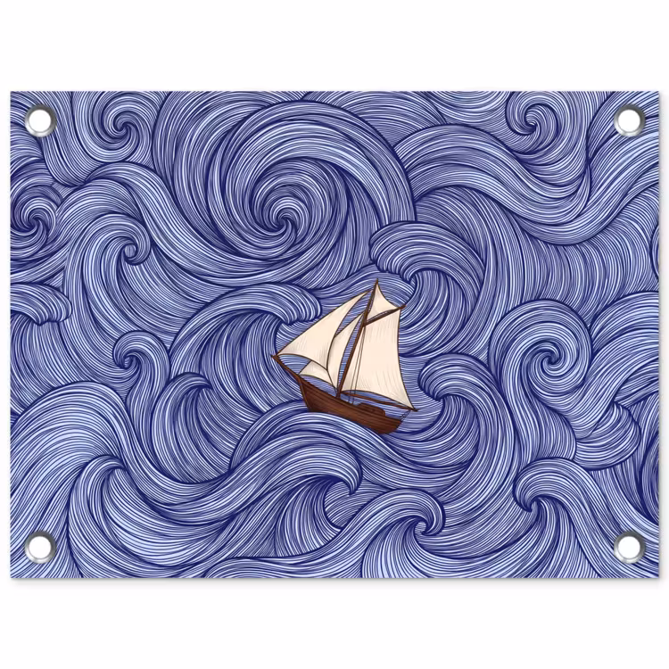 Schip - Golven - Zee - Illustratie - Blauw tuinposter los doek klein -3d