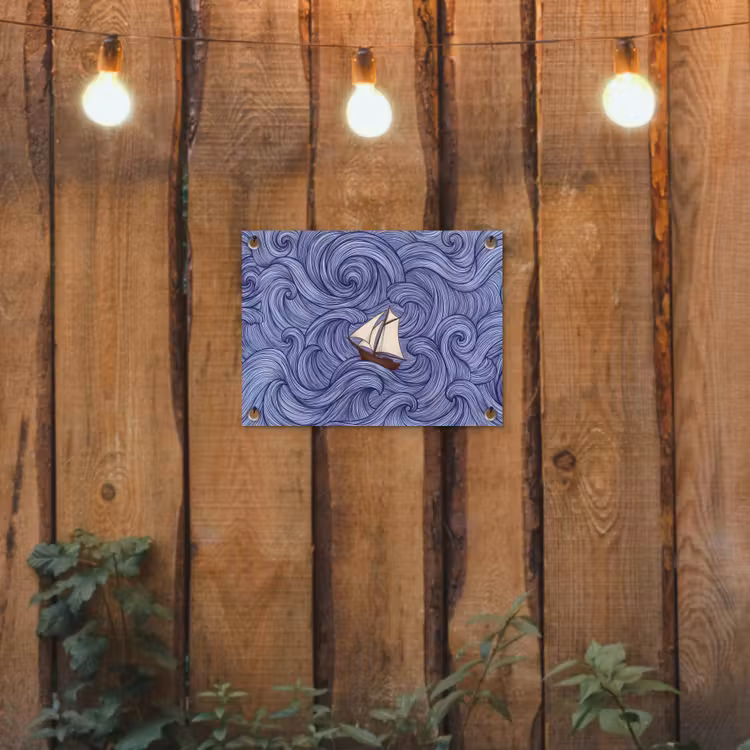 Schip - Golven - Zee - Illustratie - Blauw tuinposter los doek klein -sfeer1