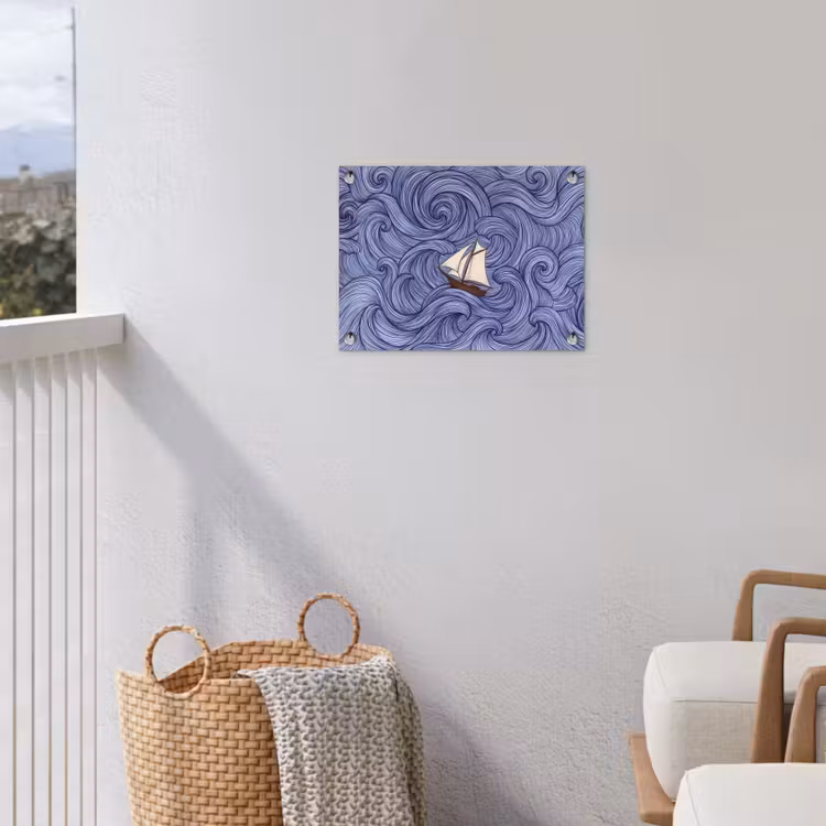 Schip - Golven - Zee - Illustratie - Blauw tuinposter los doek klein -sfeer8