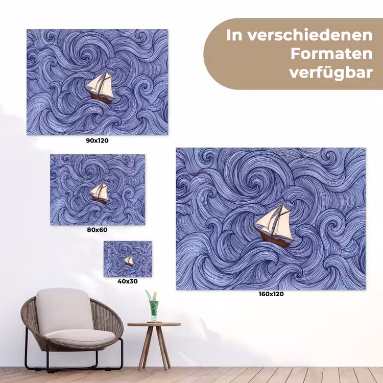 Schip - Golven - Zee - Illustratie - Blauw tuinposter los doek klein -Xsfeer9_DE