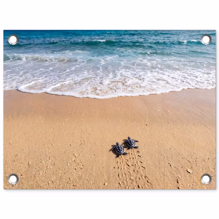 Schildpad - Jong - Strand - Oceaan - Blauw tuinposter los doek klein -3d