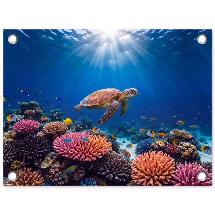 Schildpad - Koraalrif - Oceaan - Dieren - Blauw tuinposter los doek klein -3d