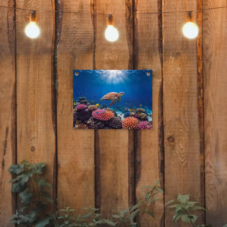 Schildpad - Koraalrif - Oceaan - Dieren - Blauw tuinposter los doek klein -sfeer1