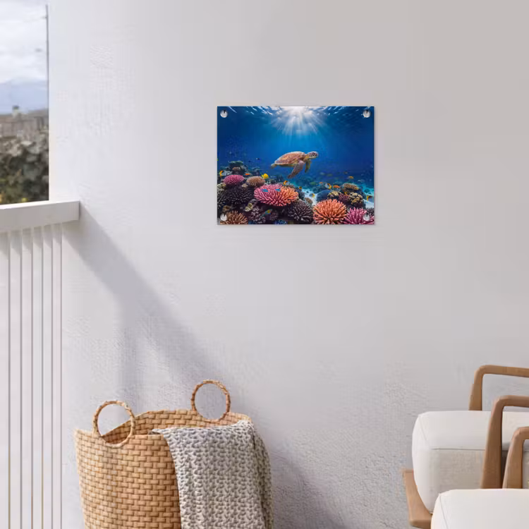 Schildpad - Koraalrif - Oceaan - Dieren - Blauw tuinposter los doek klein -sfeer8