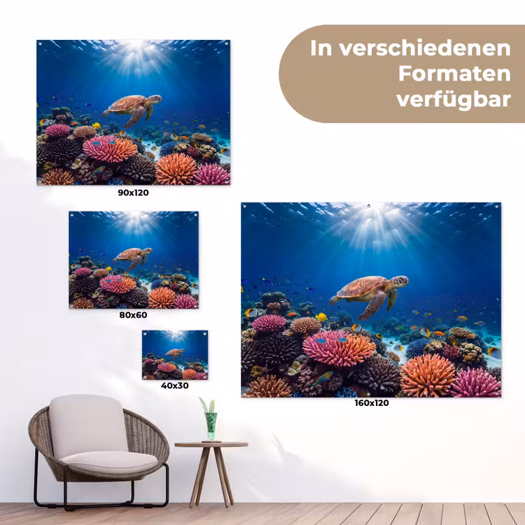 Schildpad - Koraalrif - Oceaan - Dieren - Blauw tuinposter los doek klein -Xsfeer9_DE