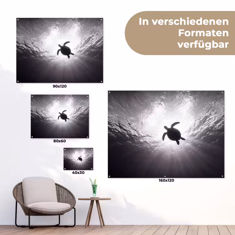 Schildpad - Onderwater - Lichtstralen - Oceaan - Zwart-wit tuinposter los doek klein -Xsfeer9_DE