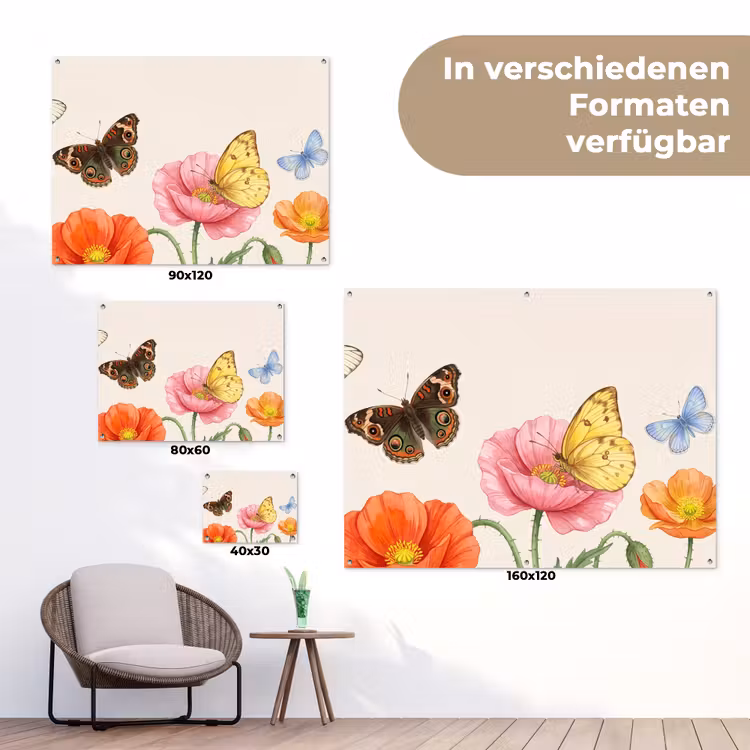 Vlinders - Klaprozen - Illustratie - Kleurrijk tuinposter los doek klein -Xsfeer9_DE