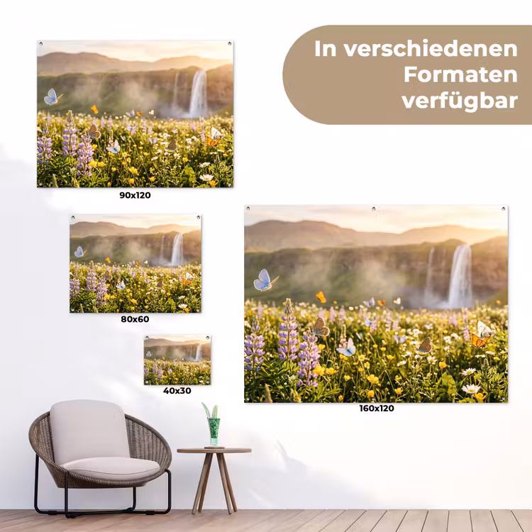 Vlinders - Waterval - Bloemenveld tuinposter los doek klein -Xsfeer9_DE