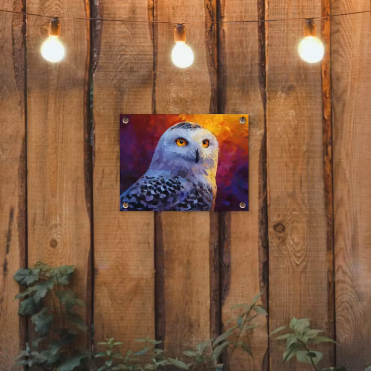 Sneeuwuil - Schilderij - Kleurrijk - Wit tuinposter los doek klein -sfeer1